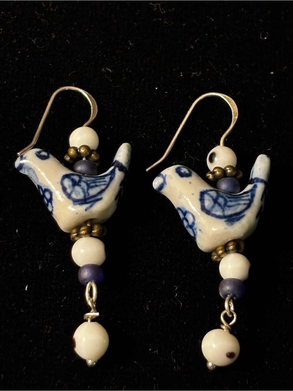White Blue Porcelain Birds 925 Wires Handcrafted